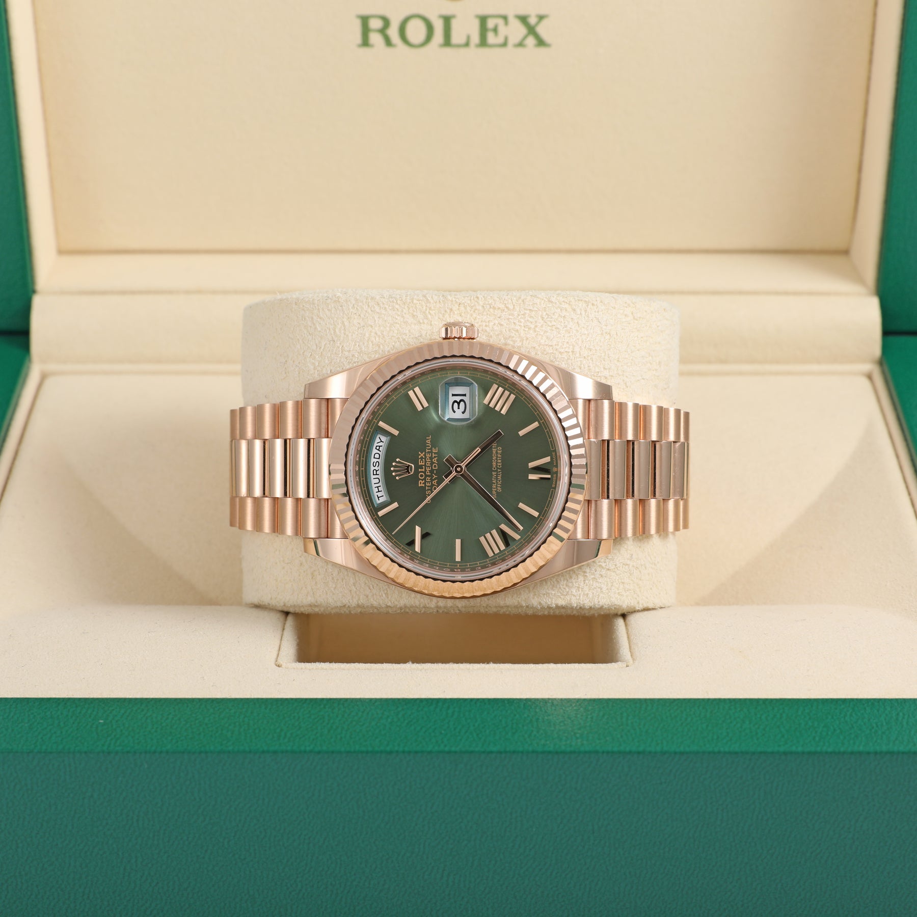 2024 ROLEX 228235 Daydate 40mm Olive Dial with Box & Papers