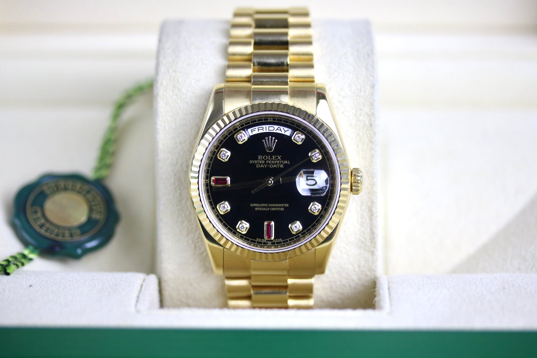 2018 ROLEX 118238 Daydate 36mm Factory Diamond & Ruby Dial with Box & Papers