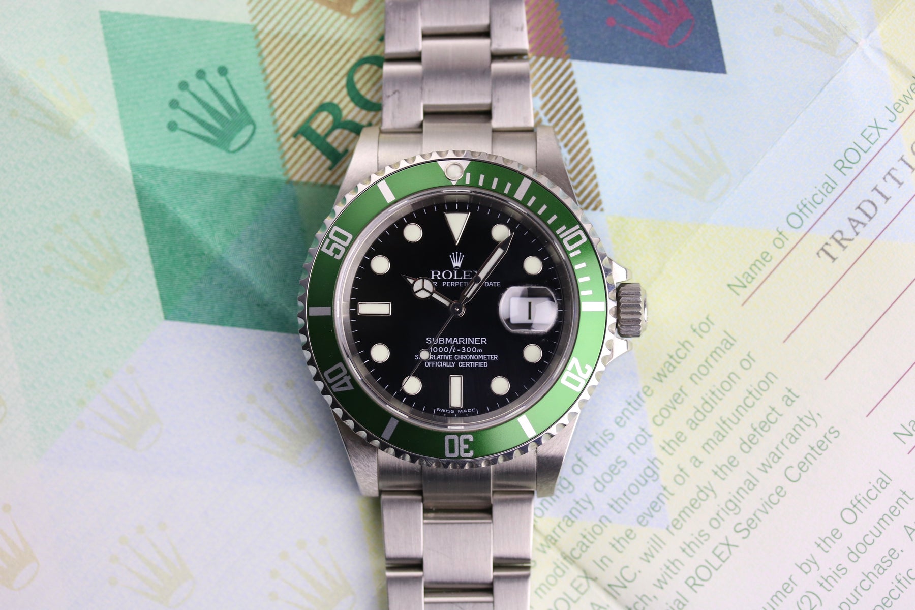2005 ROLEX 16610LV Submariner "Kermit" with Box & Papers