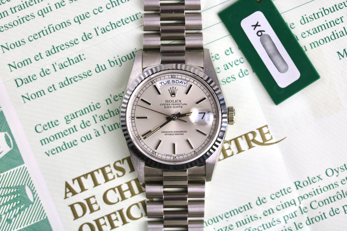 NOS 1991 ROLEX 18239 Daydate 36mm 18K White Gold with Papers