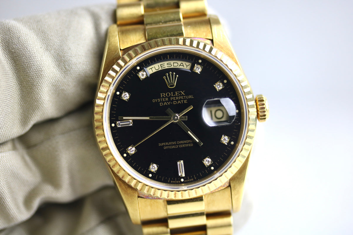 1995 ROLEX 18238 Daydate 36mm Factory Black Diamond Dial with Papers
