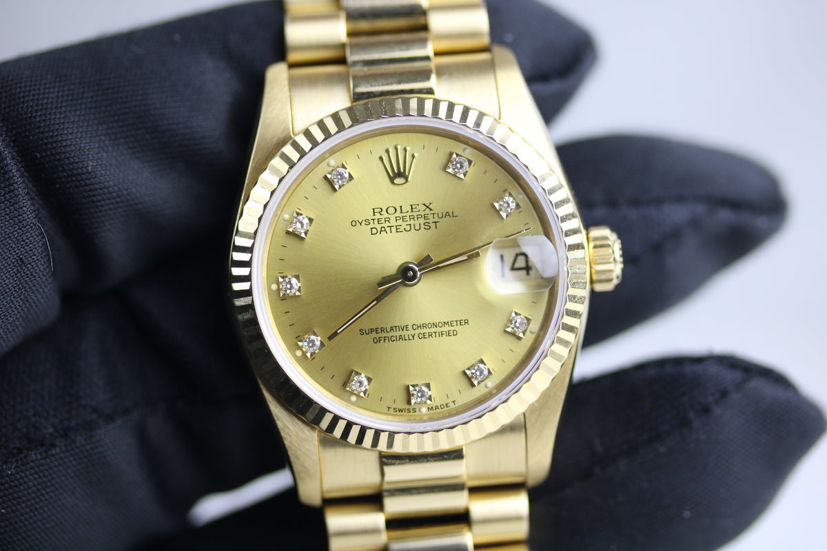 1990 ROLEX 68278 Datejust 31mm 18K Yellow Gold Champagne Dial