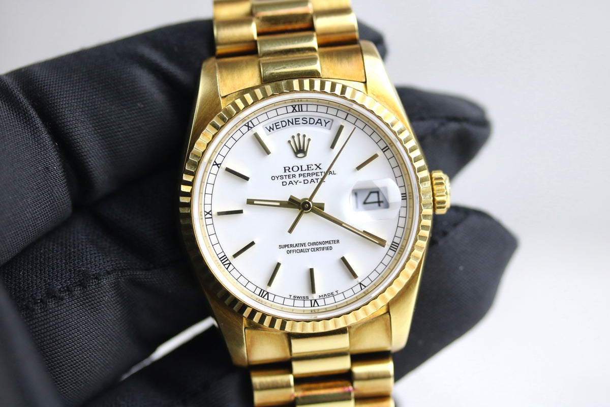1989 ROLEX 18238 Daydate 36mm Factory White Dial with Papers