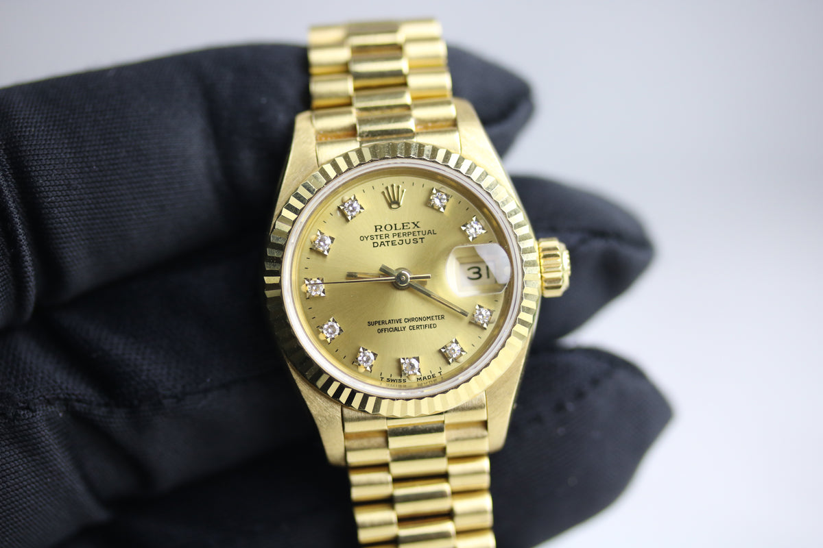 1989 ROLEX 69178 Datejust 26mm 18K Yellow Gold Factory Diamond Dial with Papers