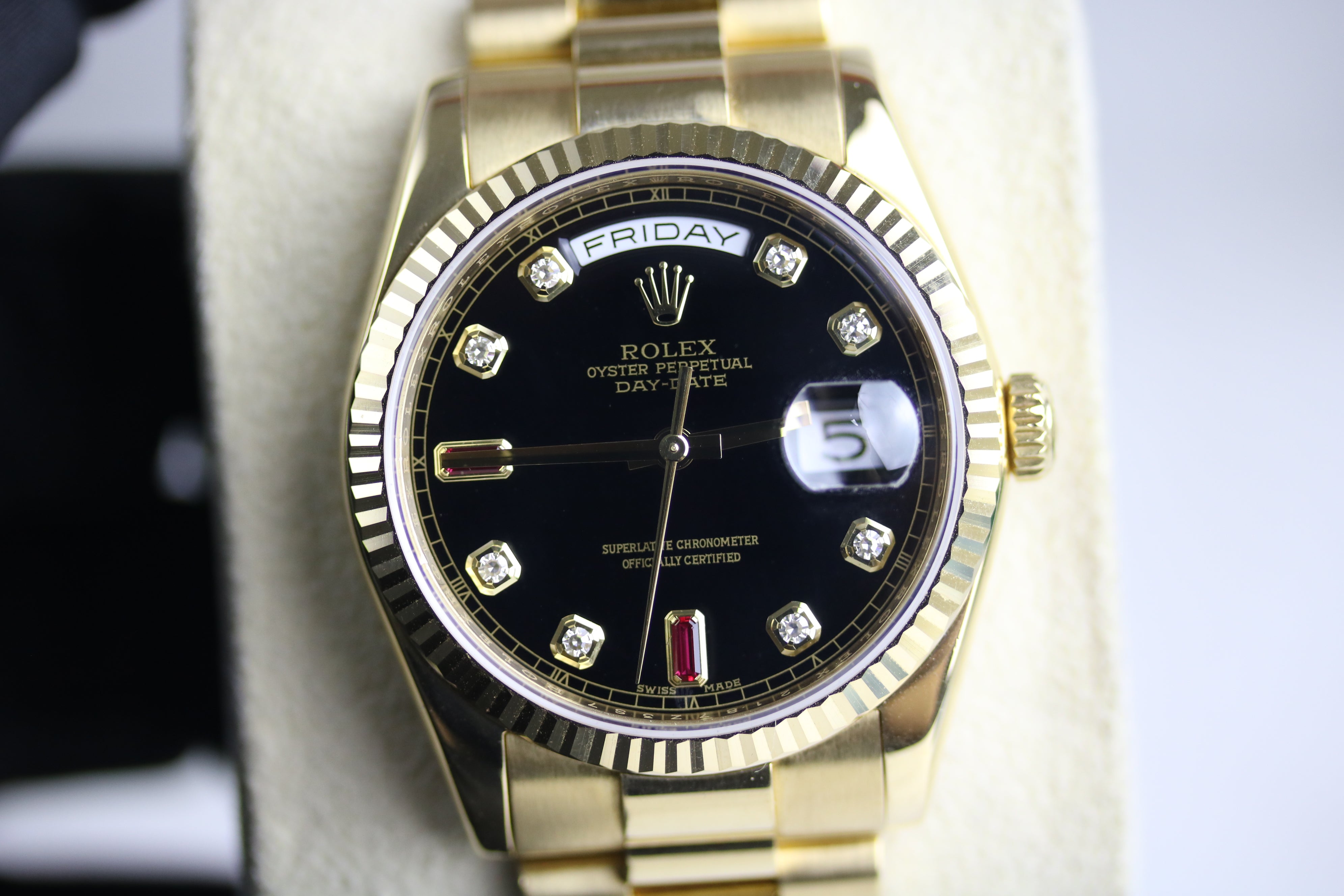 2018 ROLEX 118238 Daydate 36mm Factory Diamond & Ruby Dial with Box & Papers