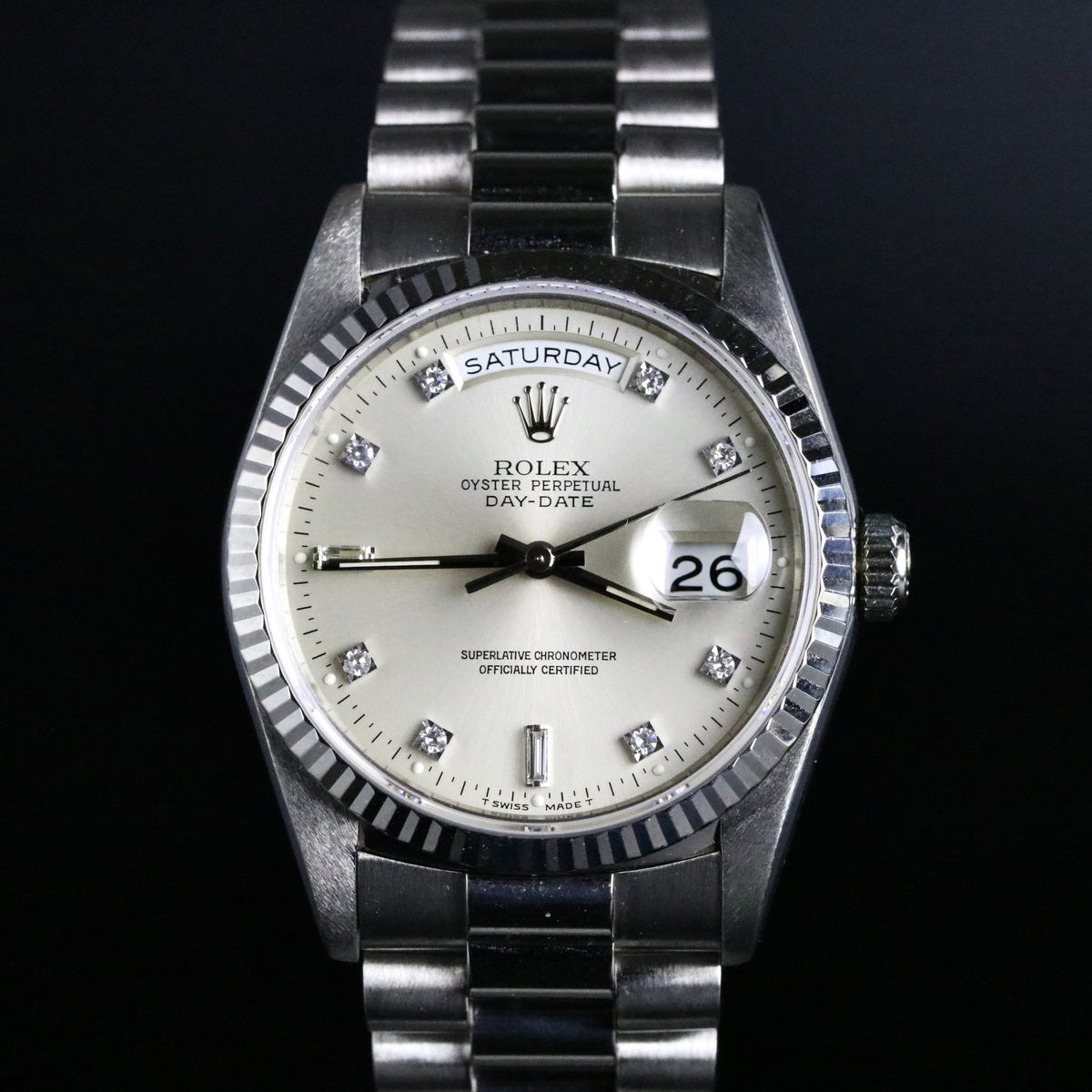 1994 Rolex 18239 Daydate 36mm 18K White Gold Factory Diamond Dial