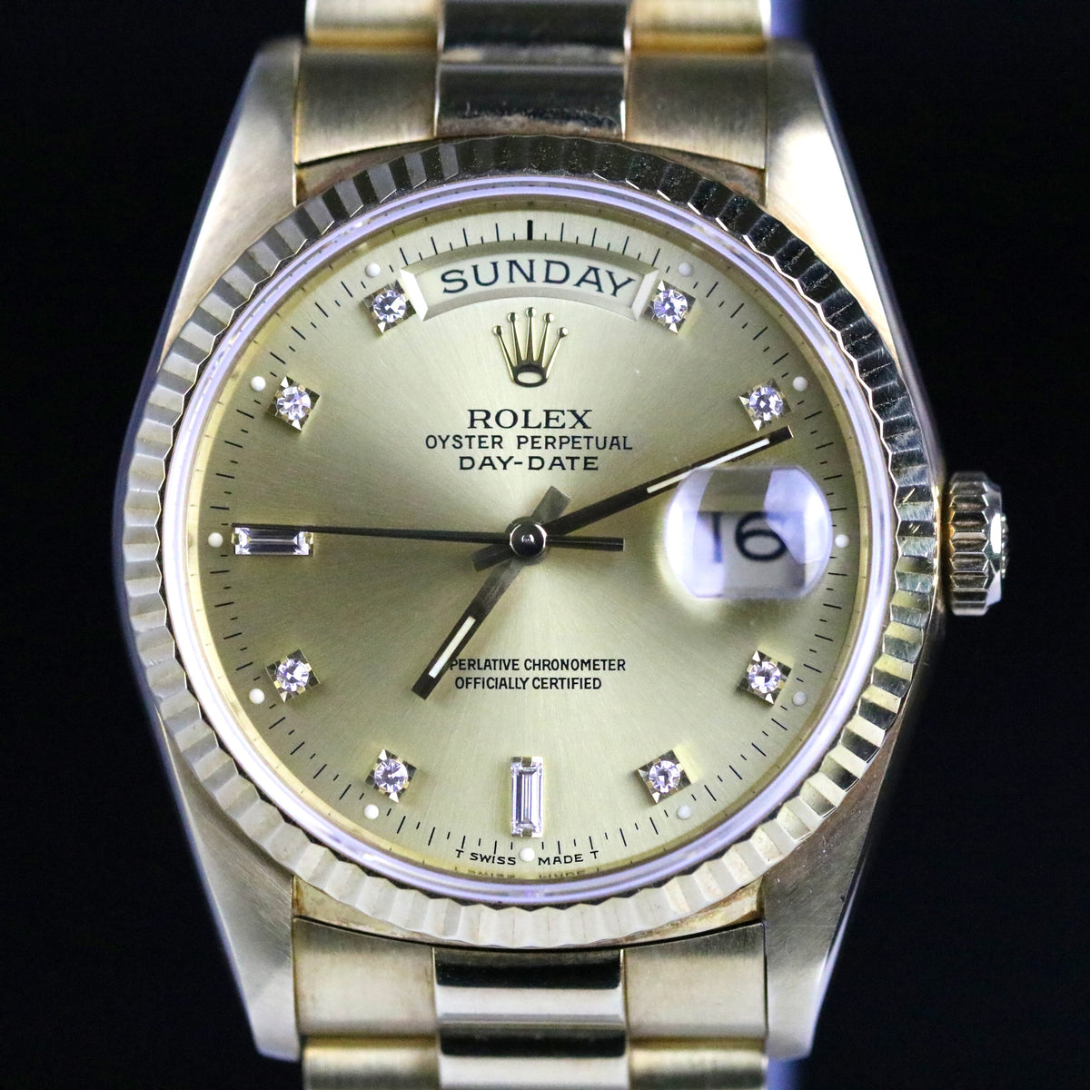 1990 Rolex 18238 Daydate 36mm Factory Diamond Dial with Paper