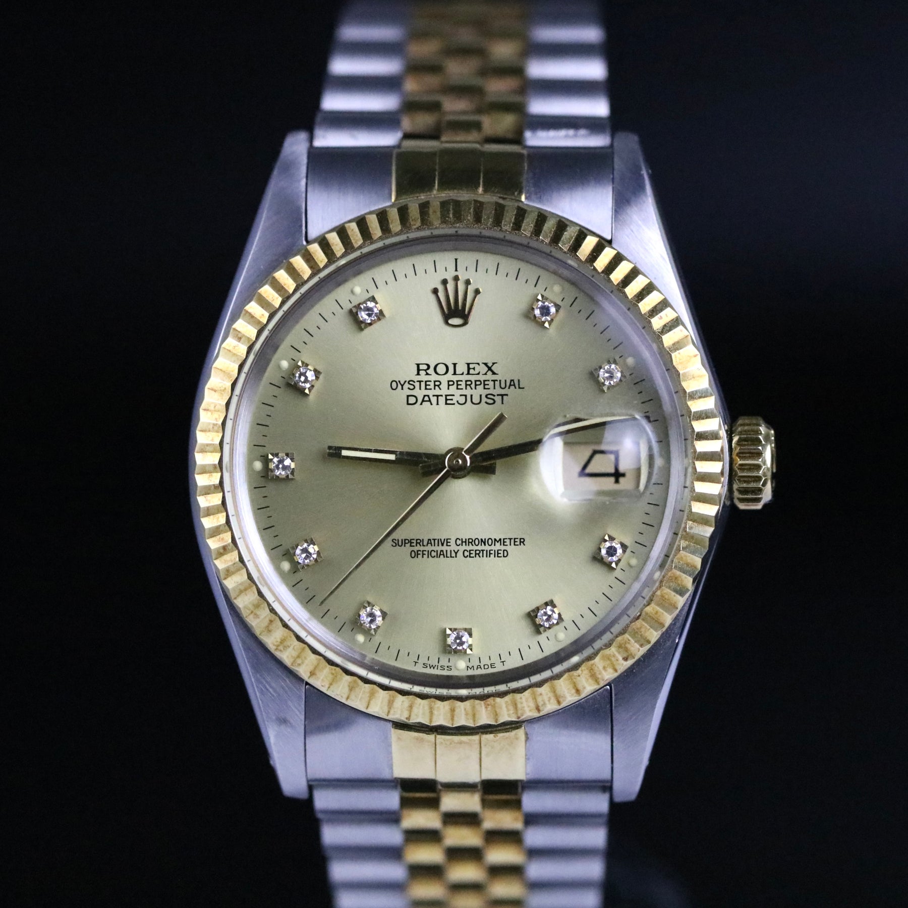 1986 Rolex 16013 Datejust 36mm Tight Bracelet Factory Diamond Dial with Box & Papers