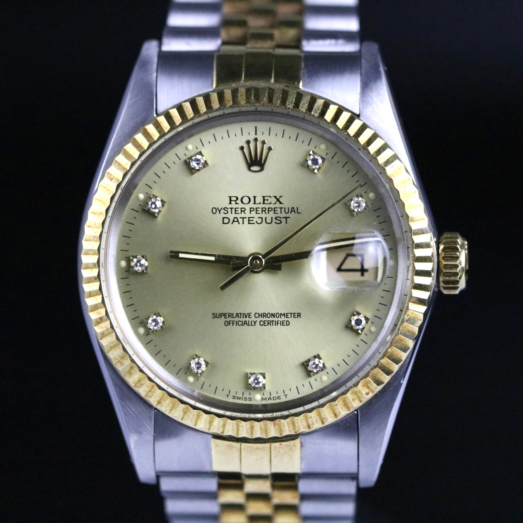 1986 Rolex 16013 Datejust 36mm Tight Bracelet Factory Diamond Dial with Box & Papers