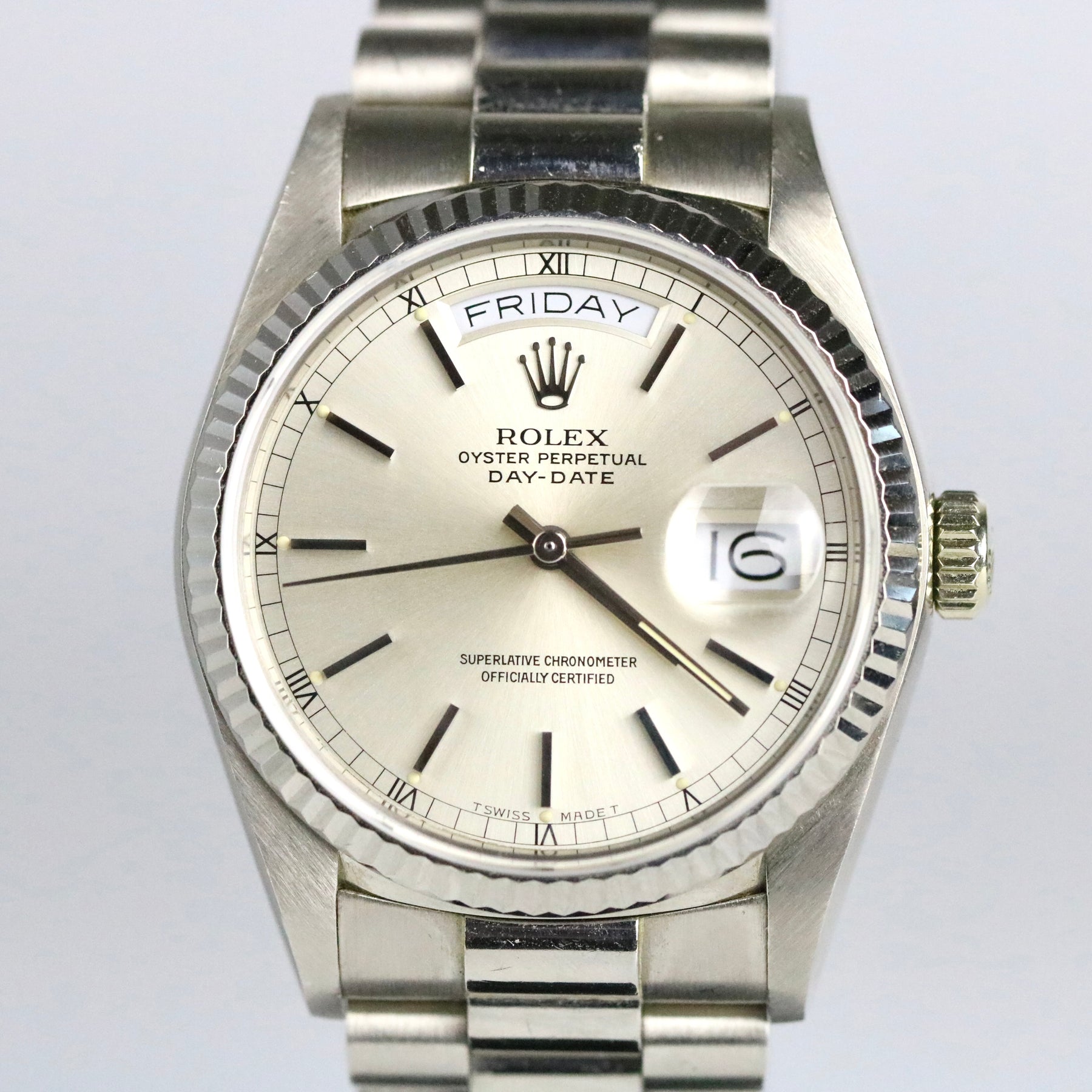 1986 Rolex 18039 Daydate 36mm 18K White Gold with Papers