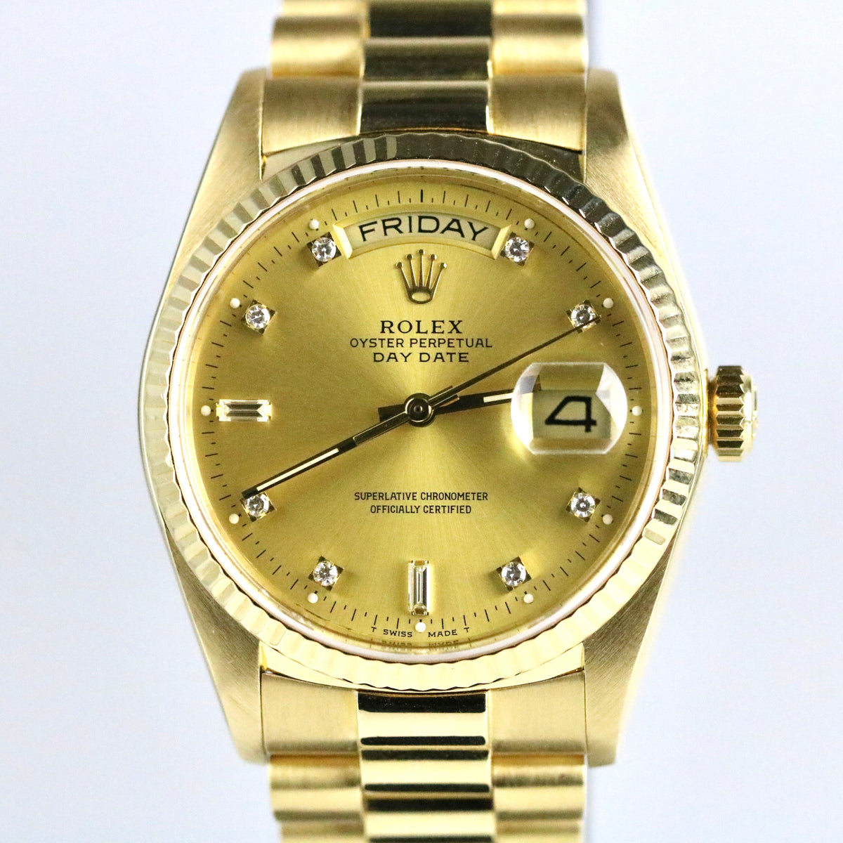 1987 Rolex 18038 Daydate 36mm 18K Yellow Gold Factory Diamond Dial with RSC(2023)