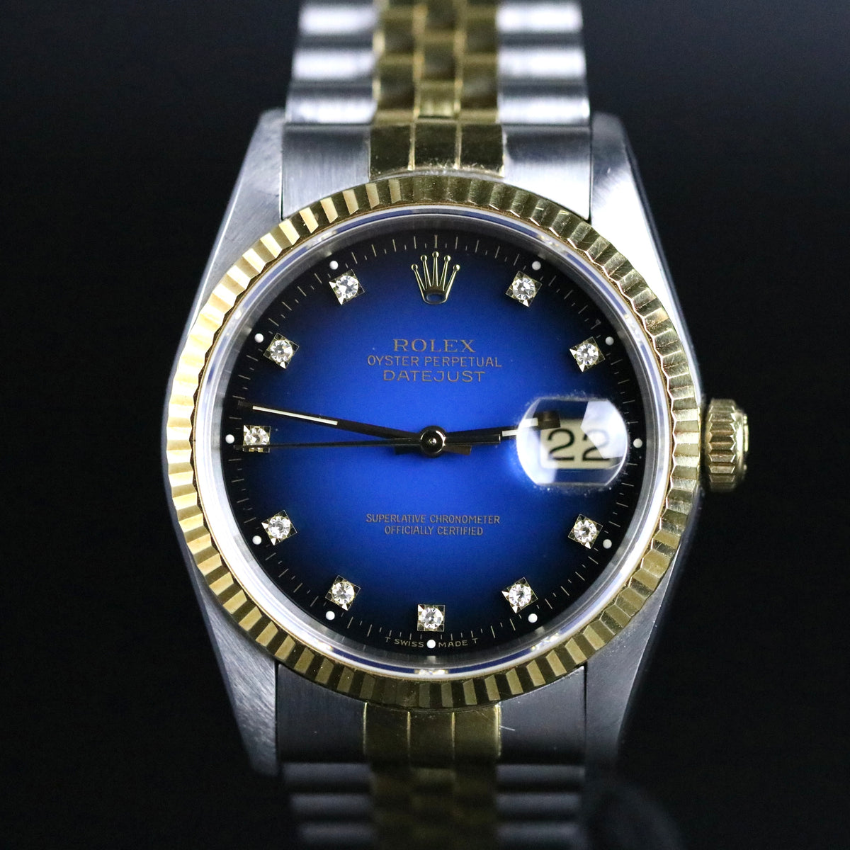 1993 Rolex 16233 Datejust 36mm No Holes Case Factory Blue Vignette Diamond Dial