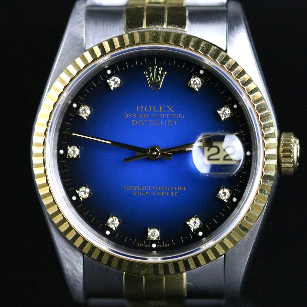 1993 Rolex 16233 Datejust 36mm No Holes Case Factory Blue Vignette Diamond Dial