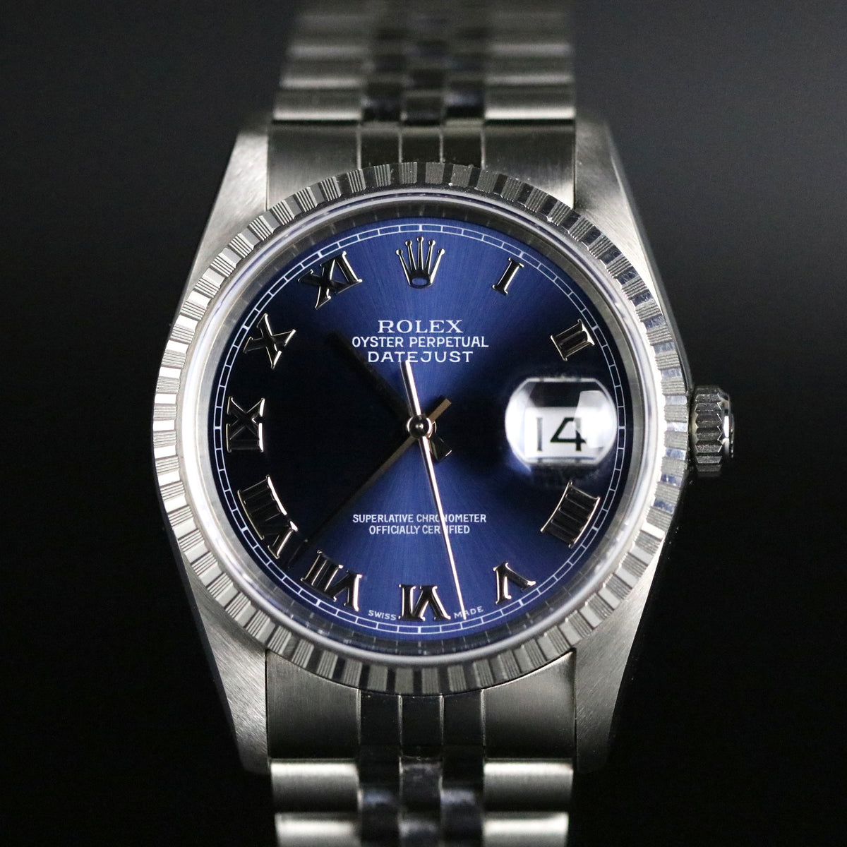 1997 Rolex 16220 Datejust 36mm Blue Roman Dial No Holes Case with RSC