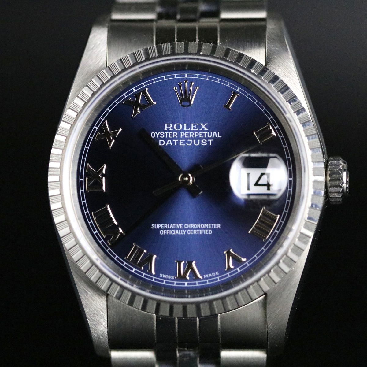 1997 Rolex 16220 Datejust 36mm Blue Roman Dial No Holes Case with RSC