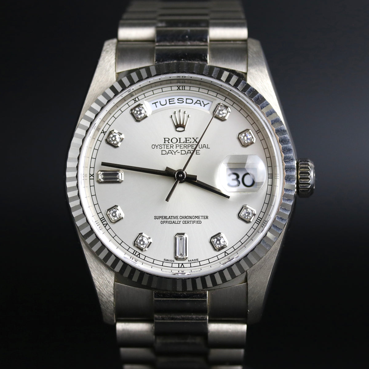 1999 Rolex 18239 Daydate Factory Diamond Dial with Papers