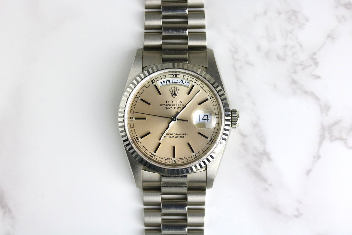 MINT 1993 Rolex 18239 Daydate 36mm 18K White Gold with Papers