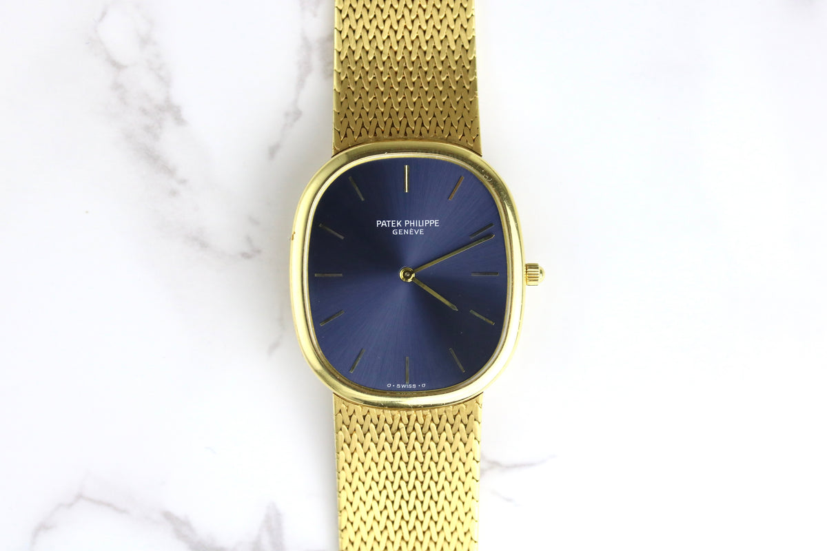 1970s Patek Philippe 3738/100J Golden Ellipse 18K Yellow Gold Blue Dial