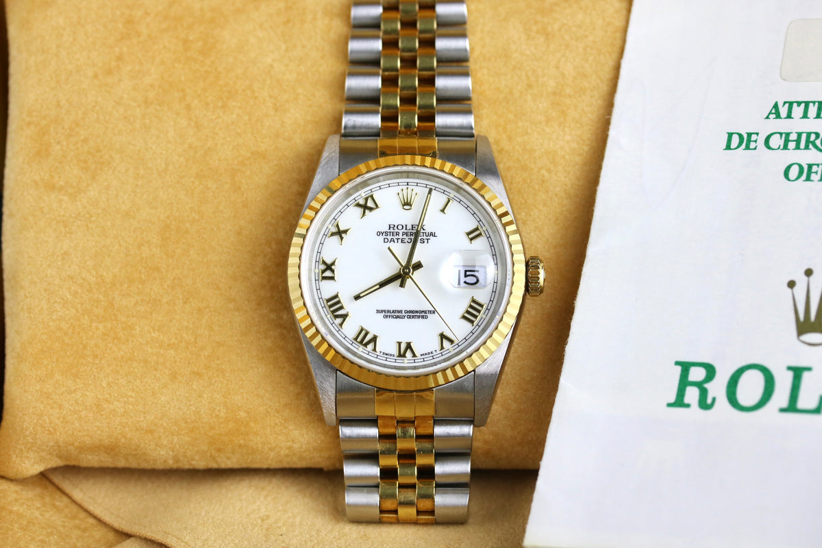 UNPOLISHED 1996 Rolex 16233 Datejust 36mm White Roman Dial Case Back Sticker with Box & Papers