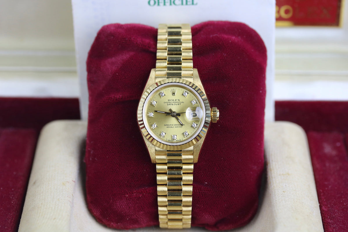 MINT 1989 Rolex 69178 Datejust 26mm 18K Yellow Gold Factory Diamond Dial with Box & Papers