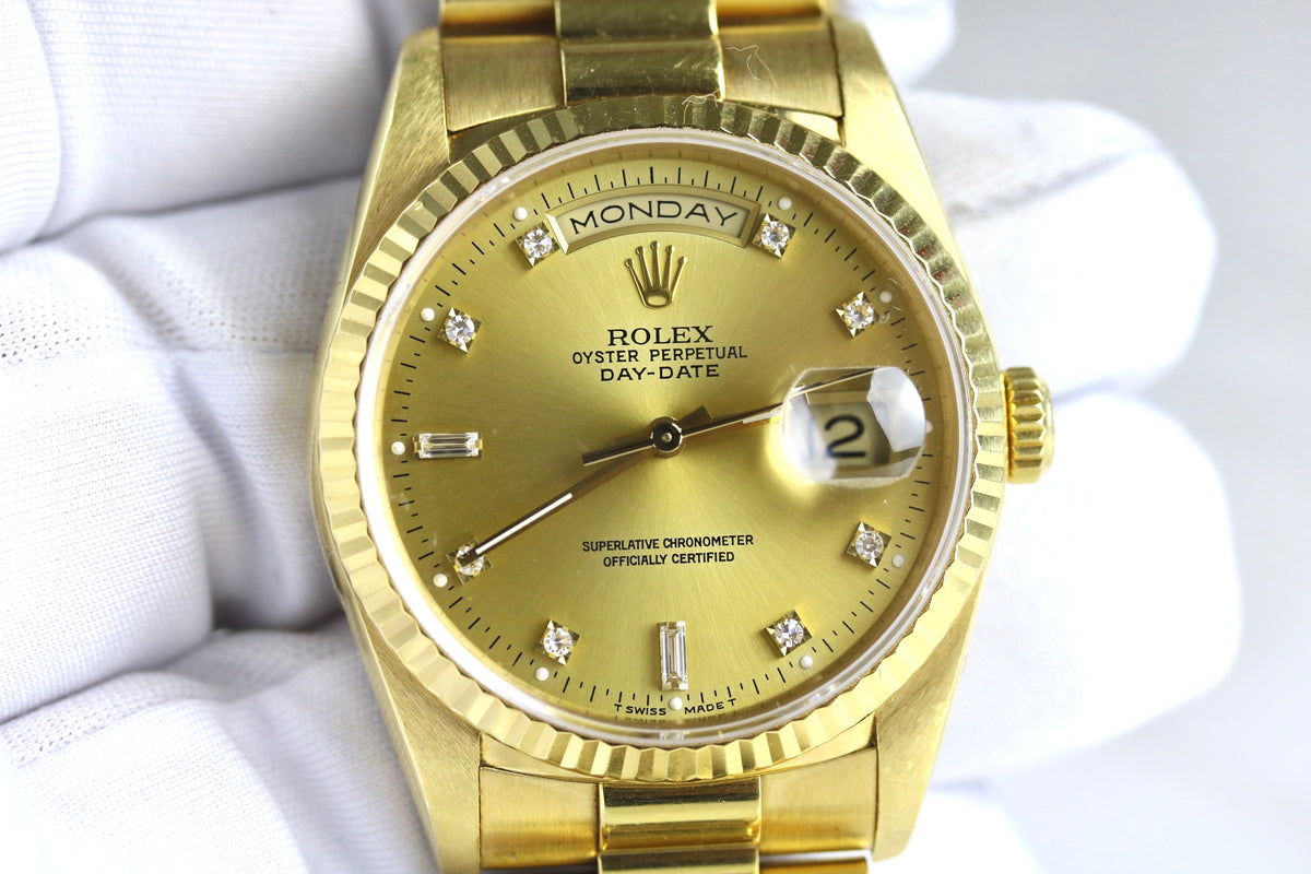 1989 ROLEX 18238 Daydate 36mm Factory Champagne Diamond Dial with Papers