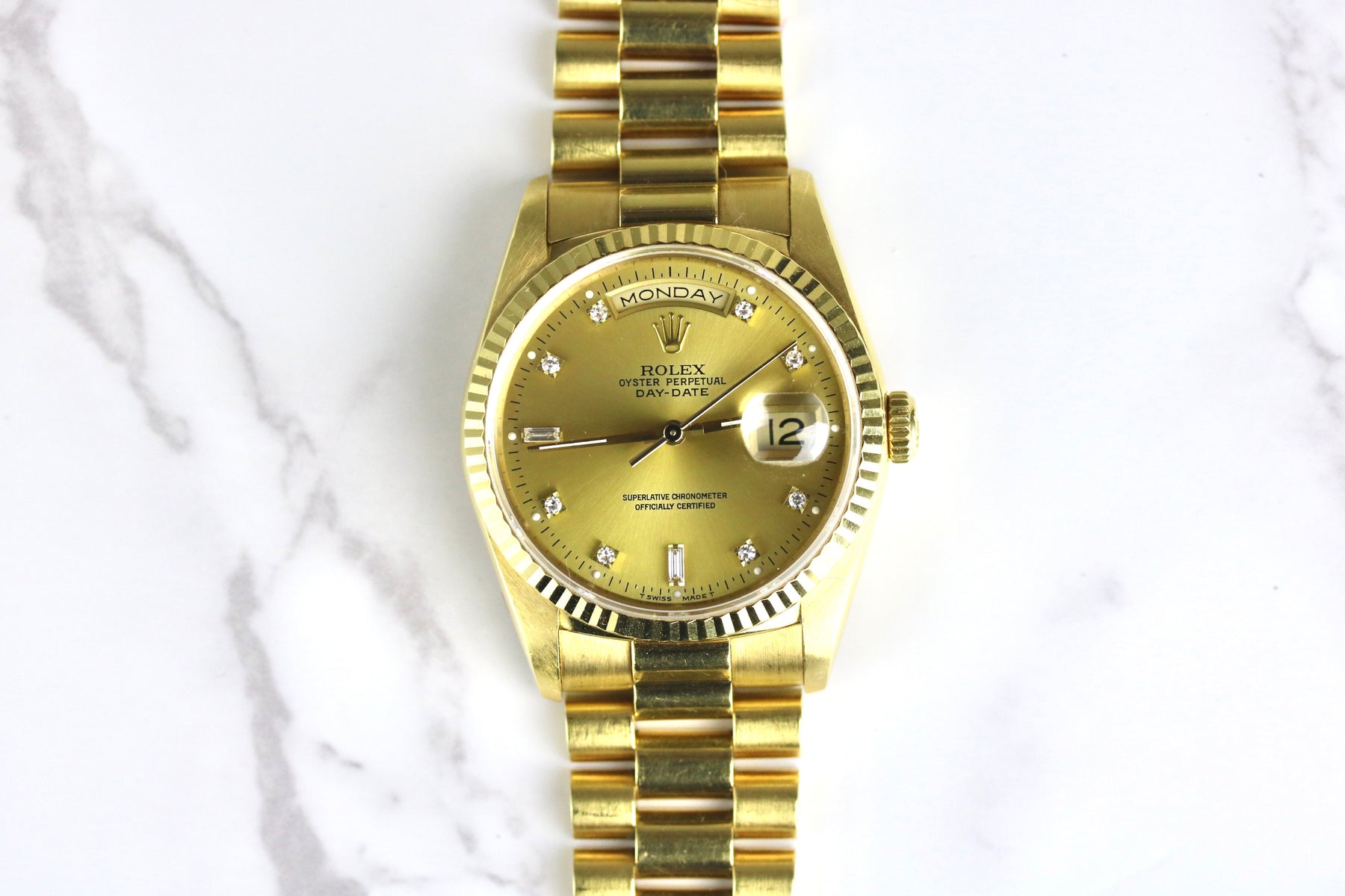 1989 ROLEX 18238 Daydate 36mm Factory Champagne Diamond Dial with Papers