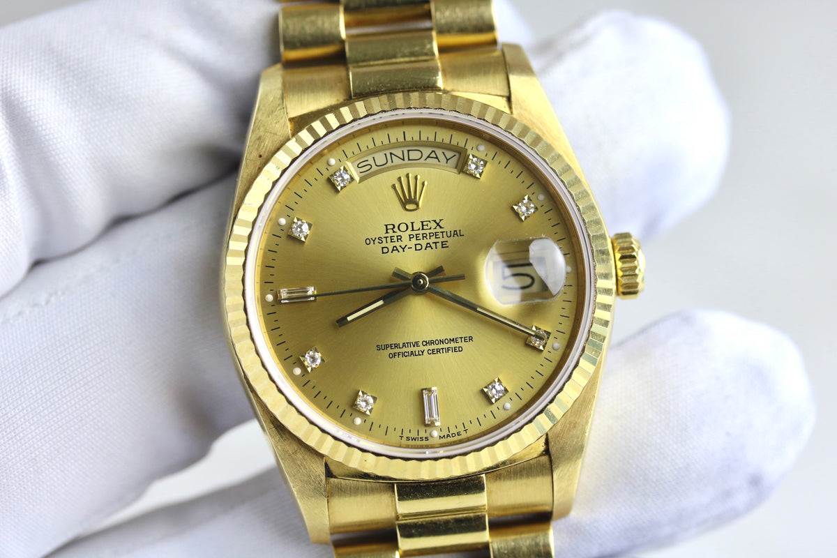 1986 Rolex 18038 36mm Daydate Factory Diamond Dial with Papers