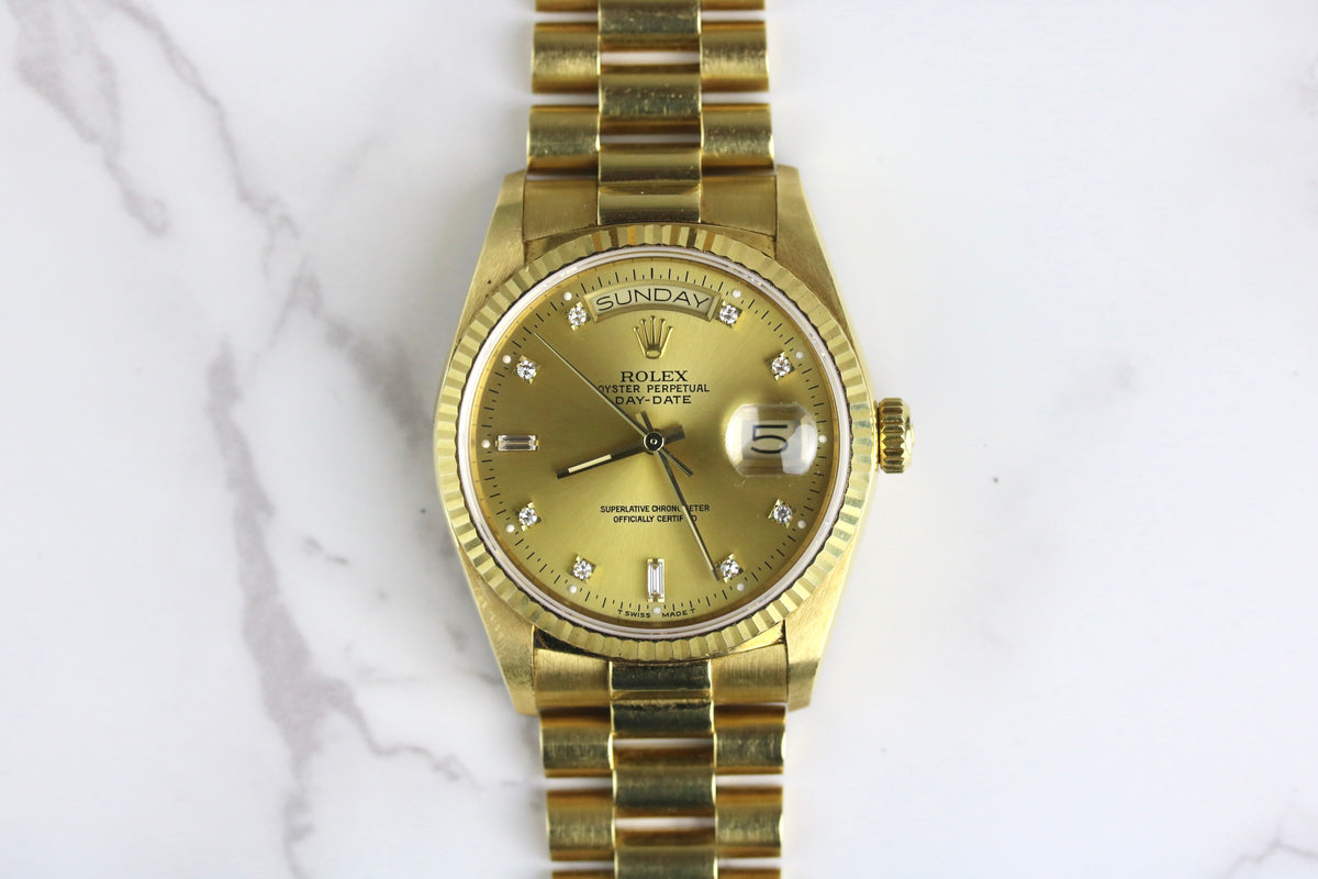 1986 Rolex 18038 36mm Daydate Factory Diamond Dial with Papers