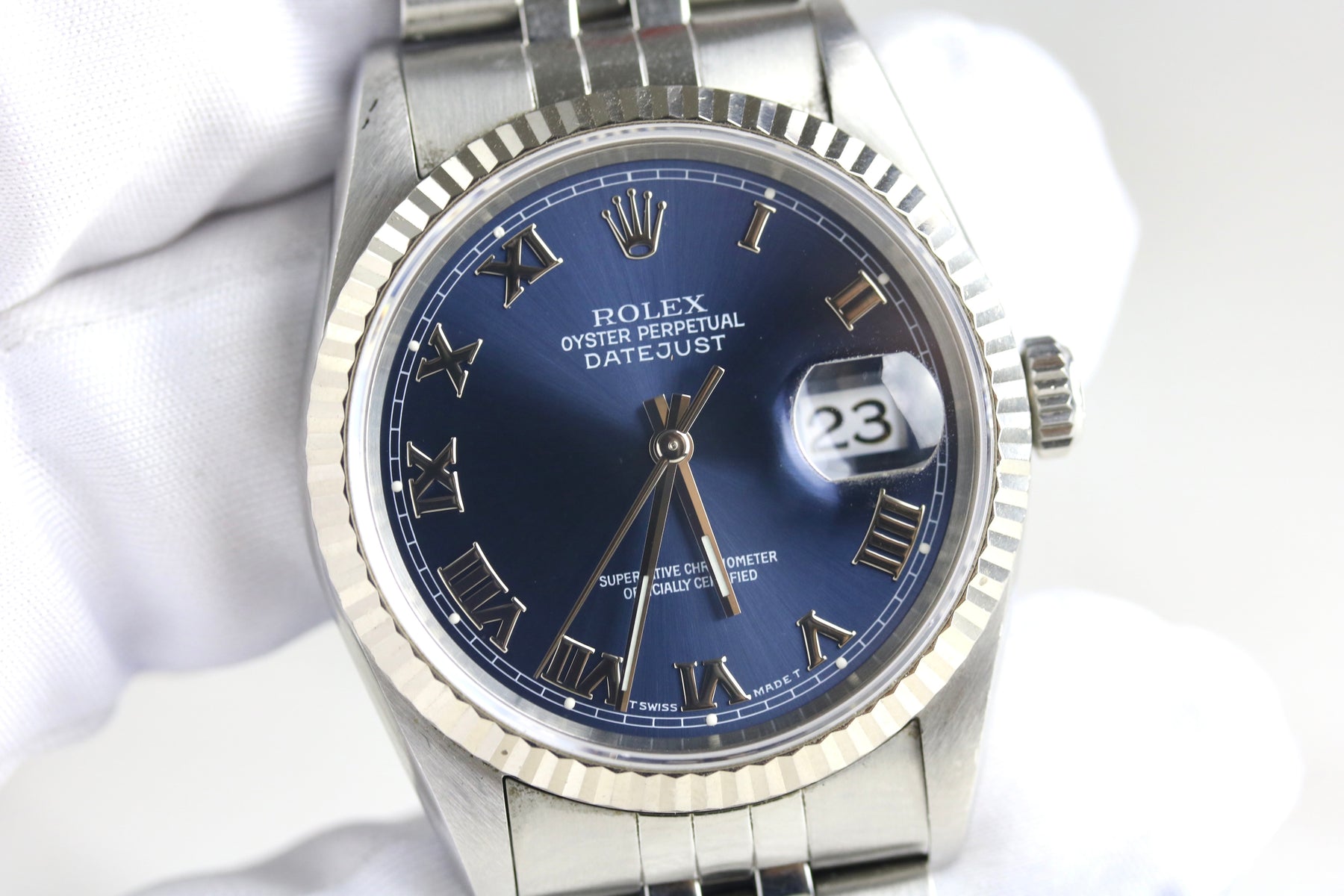 1996 Rolex 16234 Datejust 36mm White Gold Bezel Blue Roman Dial with Box