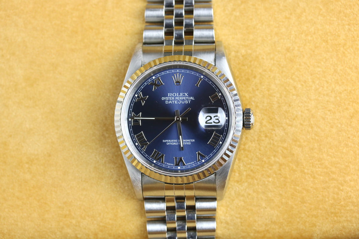 1996 Rolex 16234 Datejust 36mm White Gold Bezel Blue Roman Dial with Box