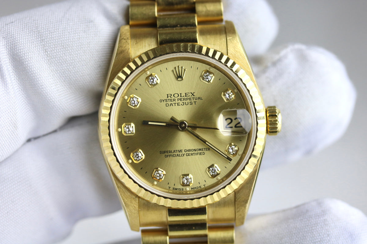 1995 Rolex 68278 Datejust 31mm 18K Yellow Gold Factory Diamond Dial with Box & Papers