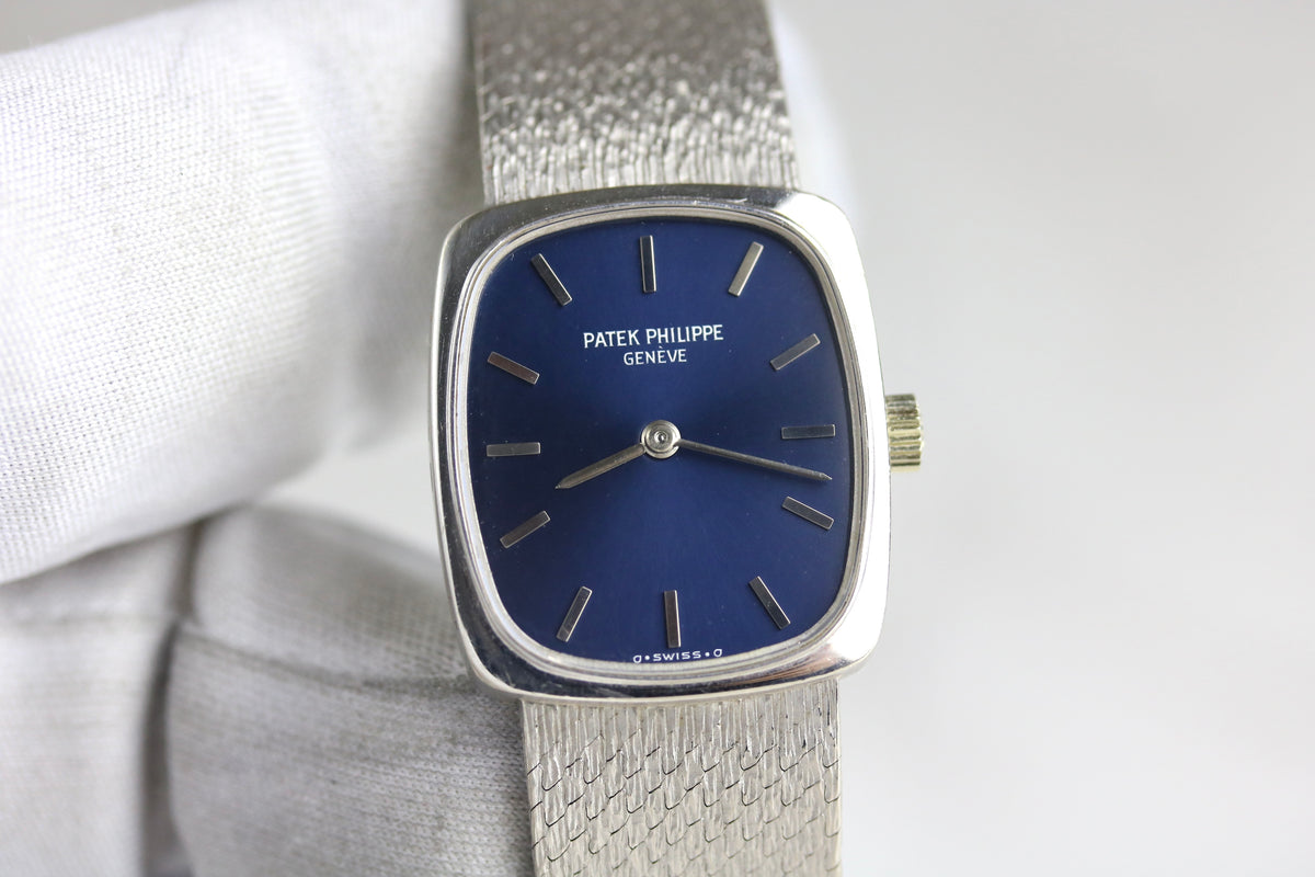 1970s Patek Philippe 4217/101 Ellipse 20mm 18K White Gold Blue Sigma Dial