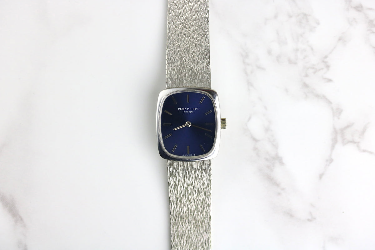 1970s Patek Philippe 4217/101 Ellipse 20mm 18K White Gold Blue Sigma Dial