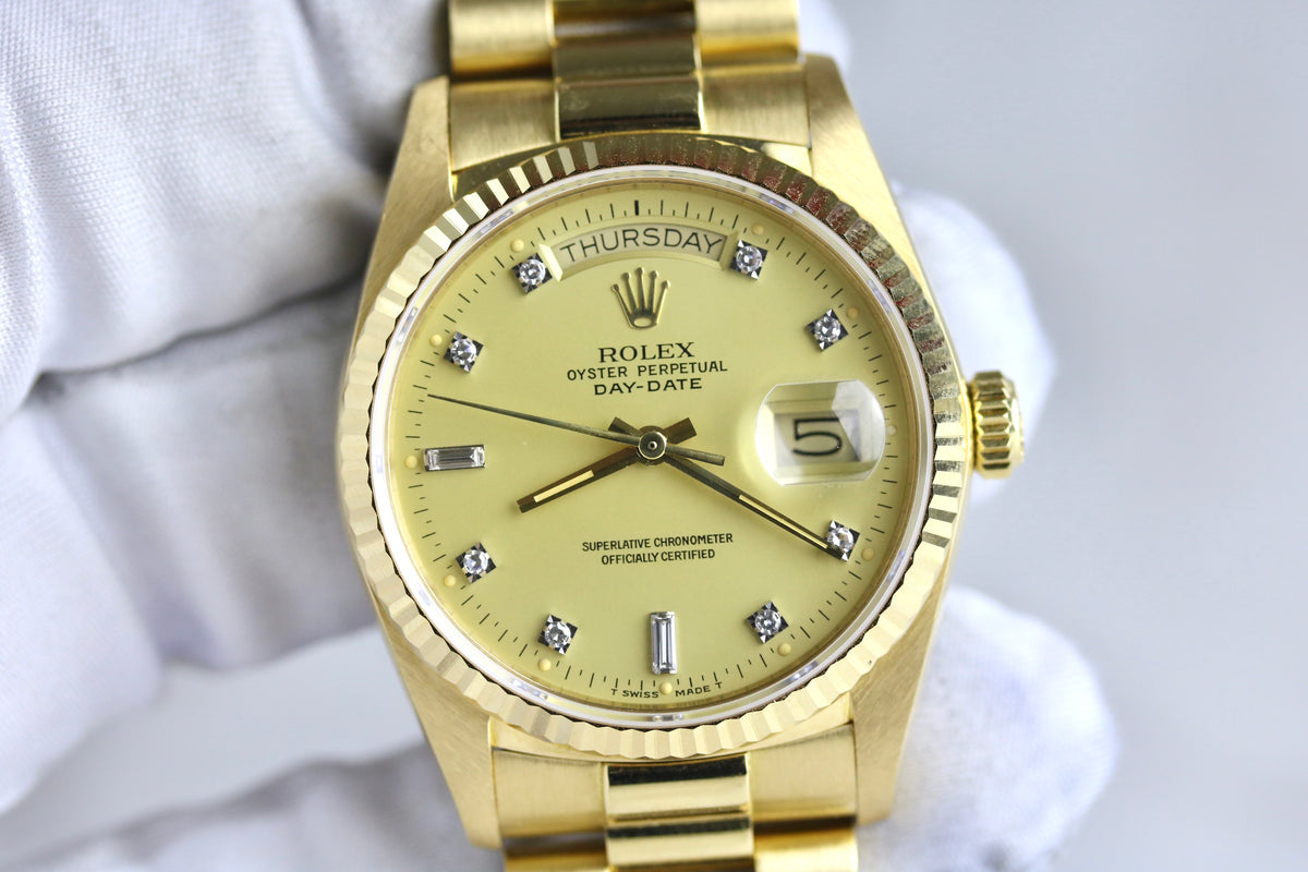 1985 Rolex 18038 Daydate 36mm Factory Diamond Dial with Papers