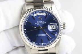 1991 Rolex 18239 Daydate 36mm 18K White Gold Blue Dial