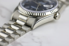 1991 Rolex 18239 Daydate 36mm 18K White Gold Blue Dial