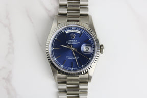 1991 Rolex 18239 Daydate 36mm 18K White Gold Blue Dial