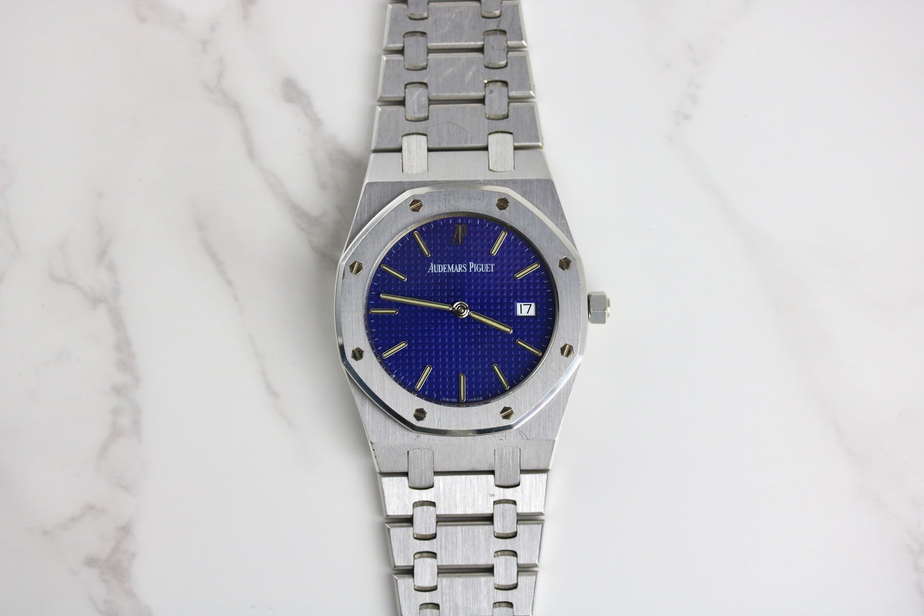 1990s Audemars Piguet 33mm Quartz Royal Oak 18K White Gold Electric Blue Dial with Box