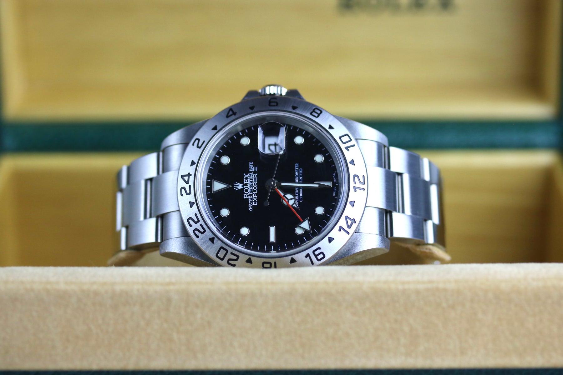 2004 ROLEX 16570 Explorer II Black Dial No Holes Case with Box & Papers