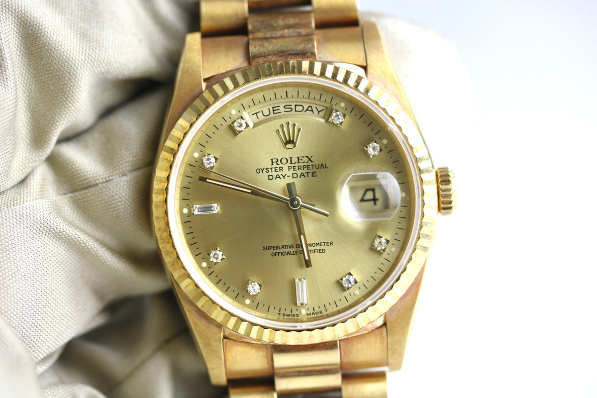 UNPOLISHED Factory Diamond Dial 1993 ROLEX 18238 Daydate 36mm Double Quick