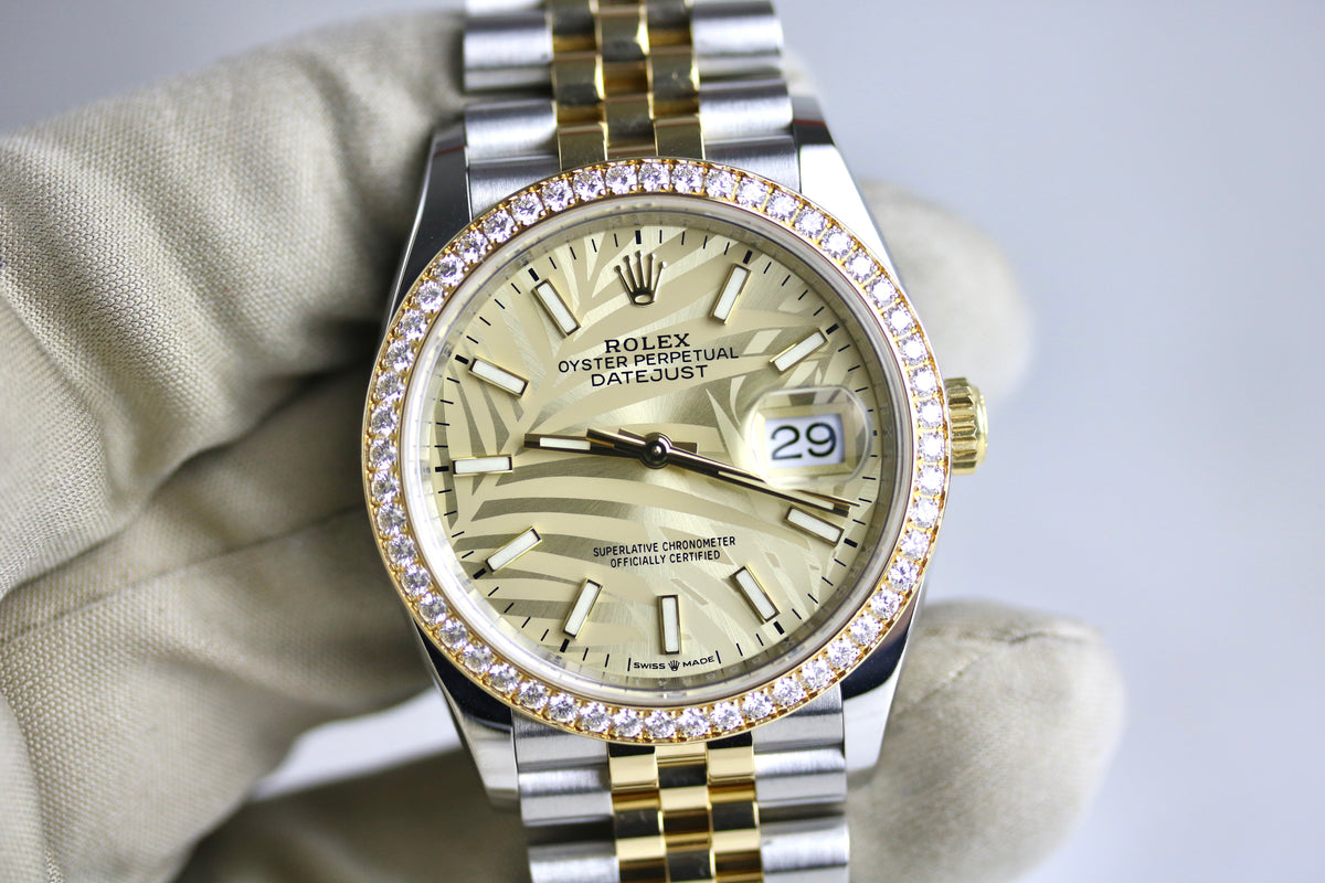 2021 Rolex 126283RBR Datejust 36mm Palm Dial Factory Diamond Bezel with Box & Papers