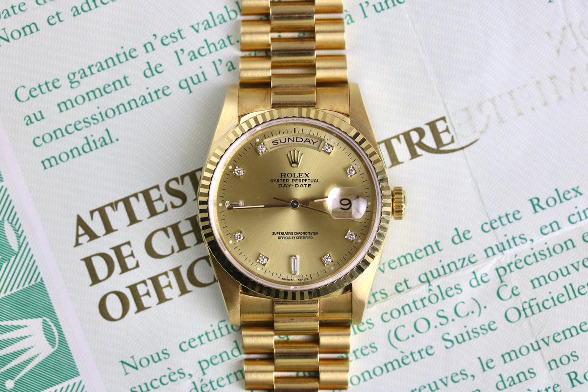 MINT 1990 ROLEX 18238 Daydate 36mm Factory Diamond Dial with Papers