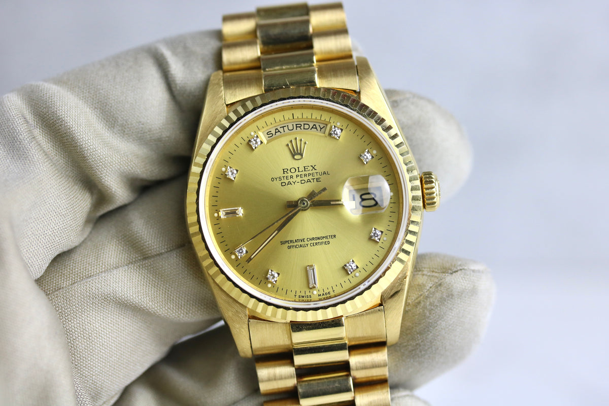 1990 ROLEX 18238 Daydate 36mm Factory Diamond Dial Tight Bracelet