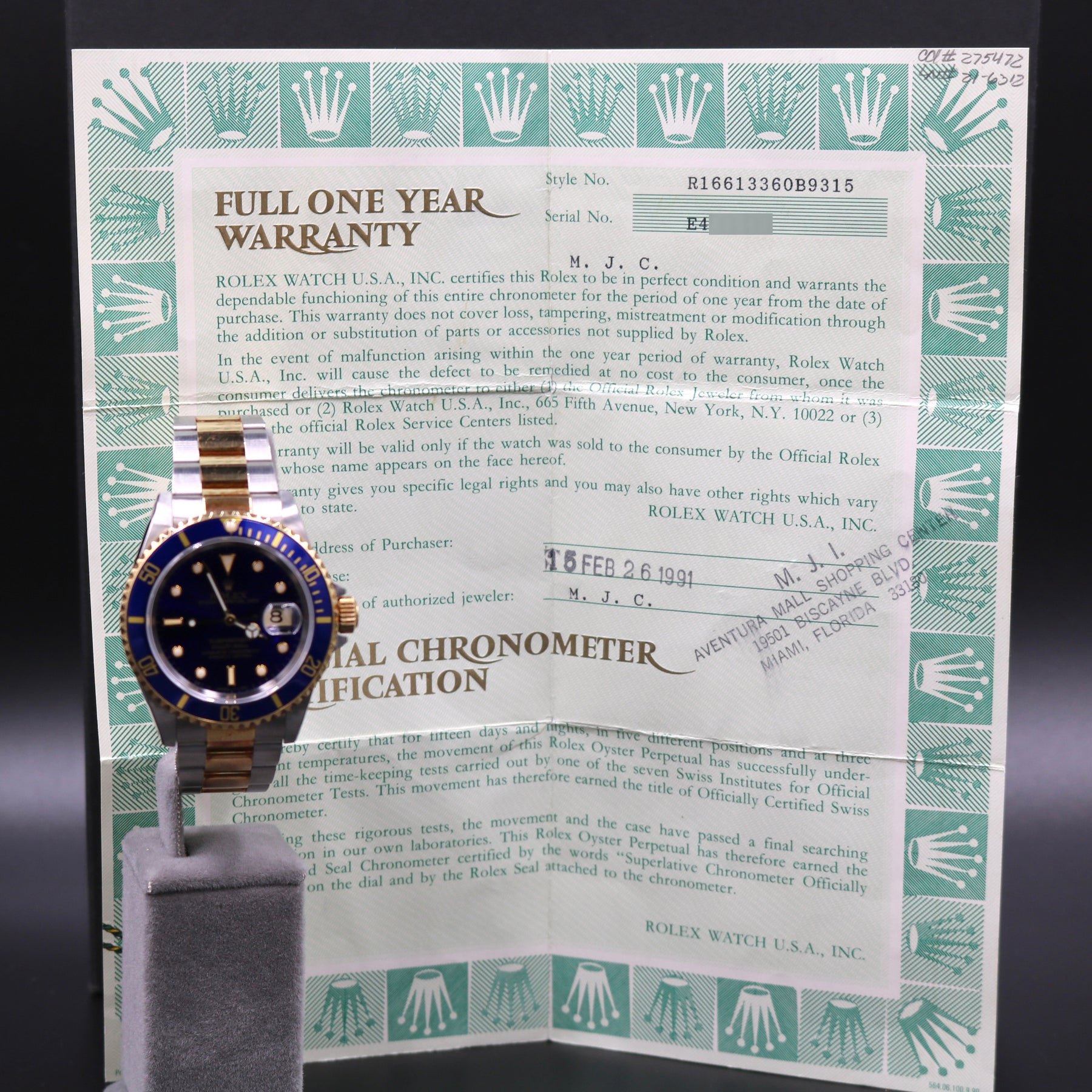 1990 Rolex 16613 Submariner Blue with Papers
