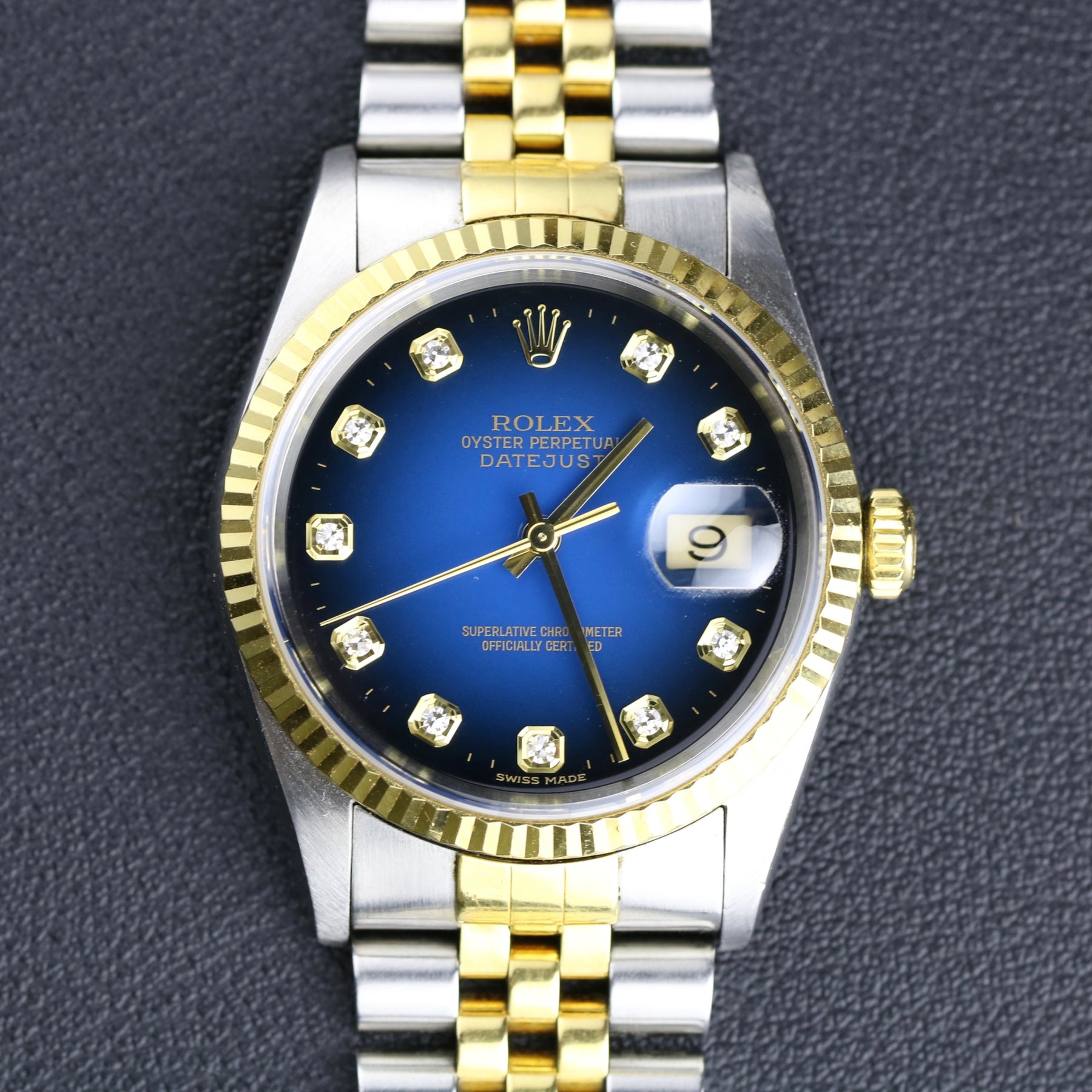 2000 Rolex 16233 Datejust No Holes Case with Blue Vignette Diamond Dial