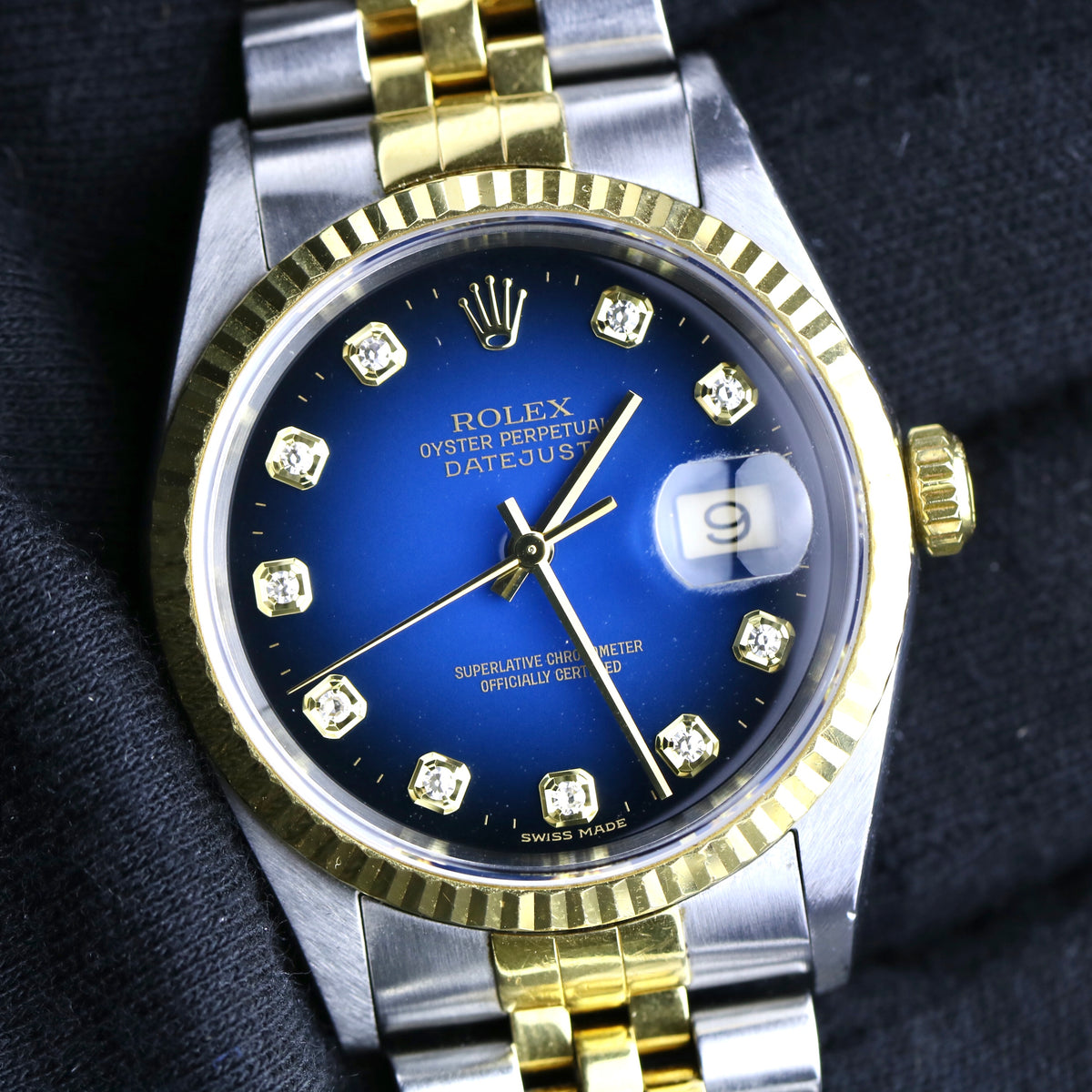 2000 Rolex 16233 Datejust No Holes Case with Blue Vignette Diamond Dial