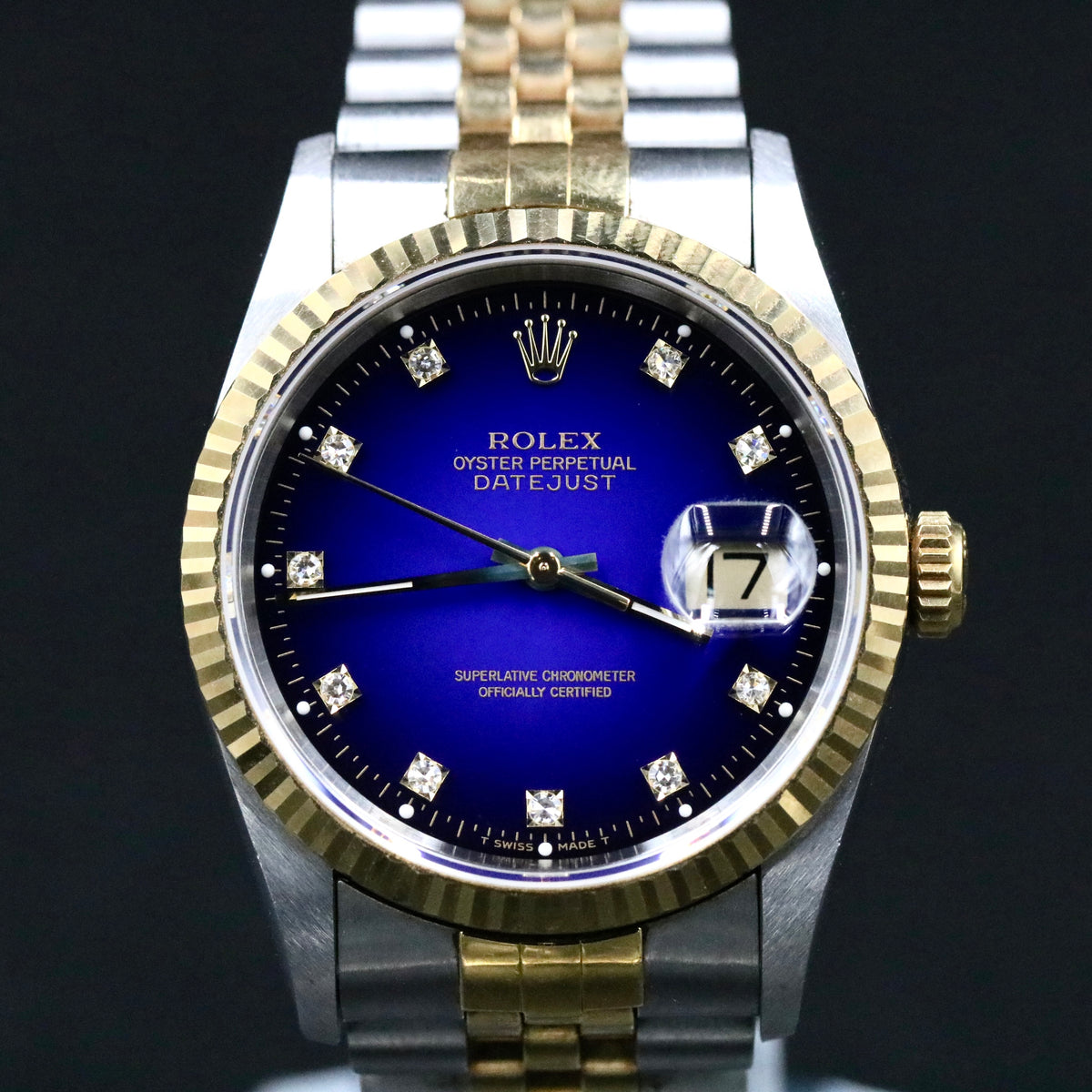 1993 Rolex 16233 36mm Datejust Blue Vignette Diamond Dial No Holes Case with Papers