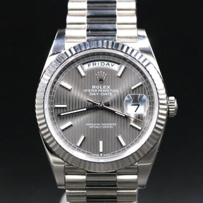 2021 Rolex 228239 18K White Gold 40mm Daydate Grey Tapestry Dial with Box & Papers