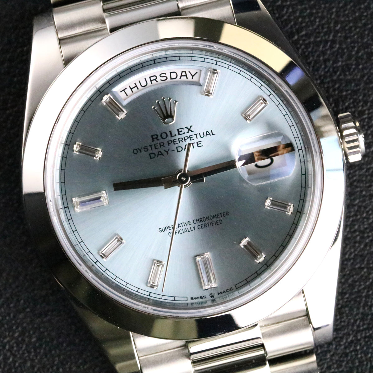 2018 Rolex 228206 Platinum Daydate 40mm Ice Blue Baguette Diamond Dial