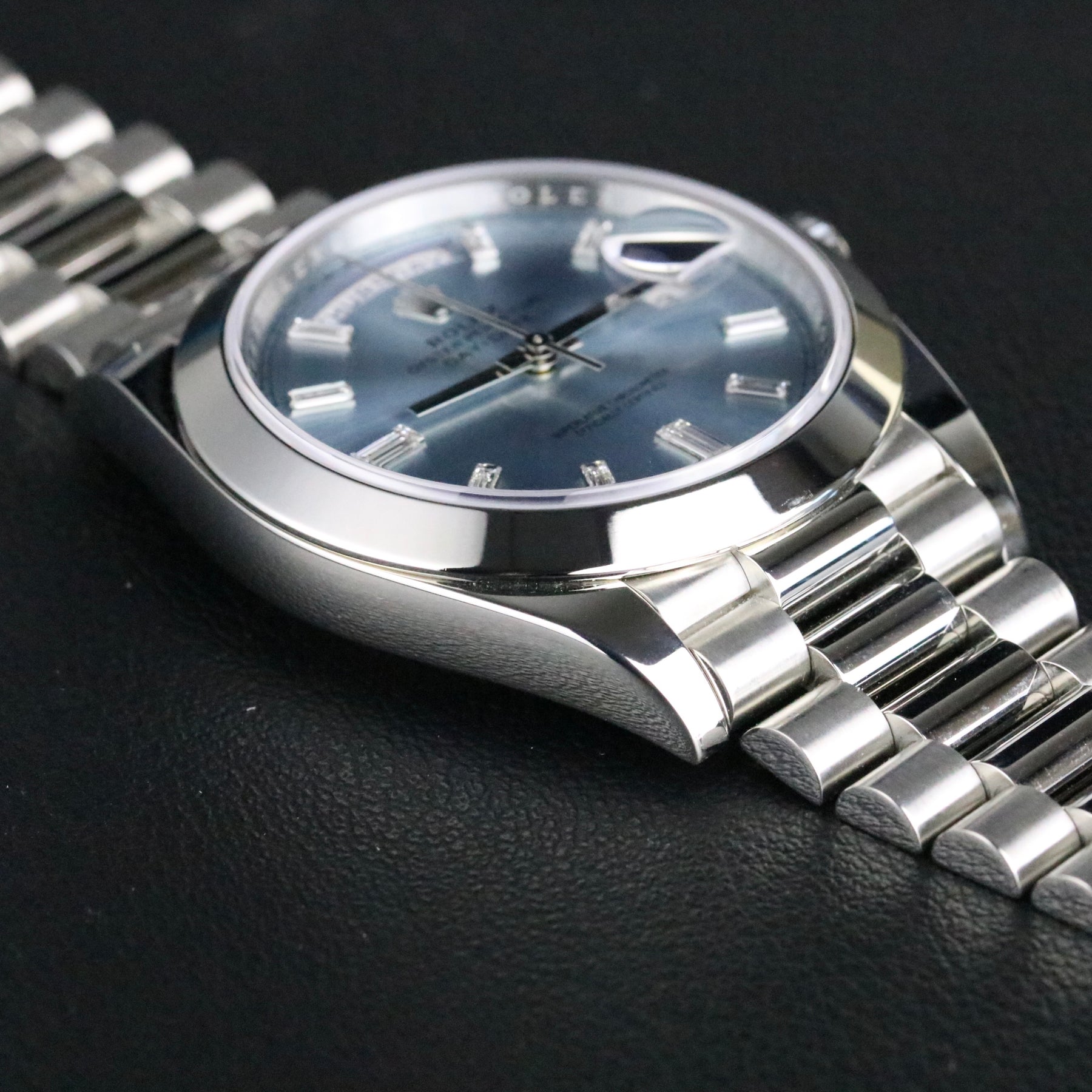 2018 Rolex 228206 Platinum Daydate 40mm Ice Blue Baguette Diamond Dial